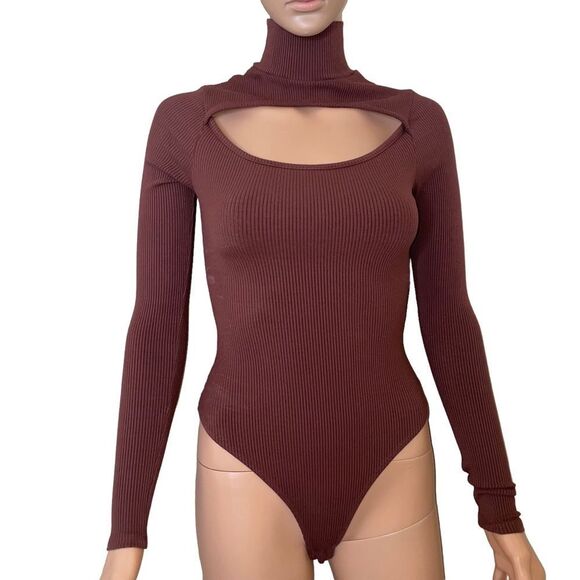LA LUX dark brown ribbed keyhole chest body suit crotch snap long sleeve SZ SM - Picture 2 of 9